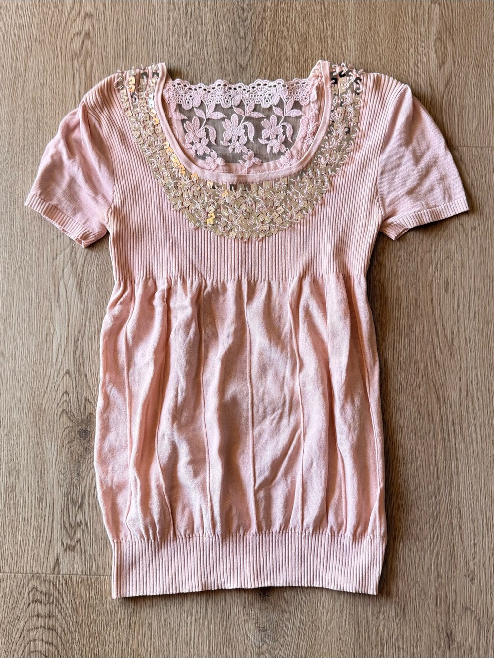 Y2k pink babydoll top with sequin details and lace back